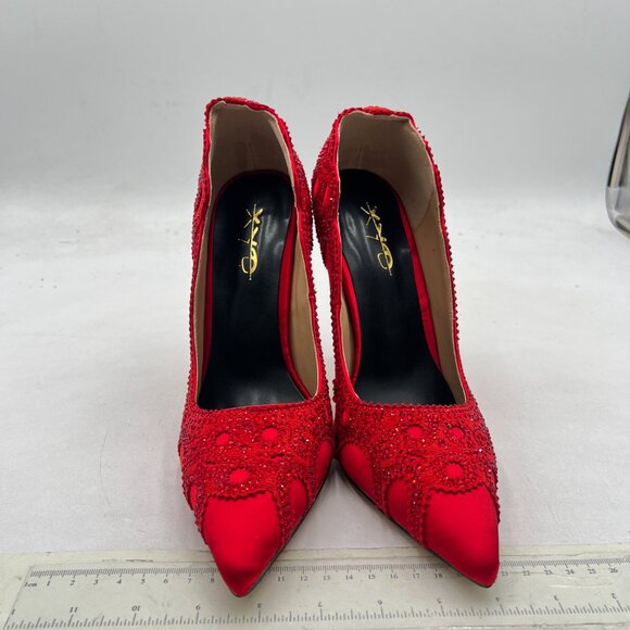 XYD Red Rhinestone Crystals Stiletto Heels for Wedding Bridal Pointed Toe Pumps - Picture 3 of 8